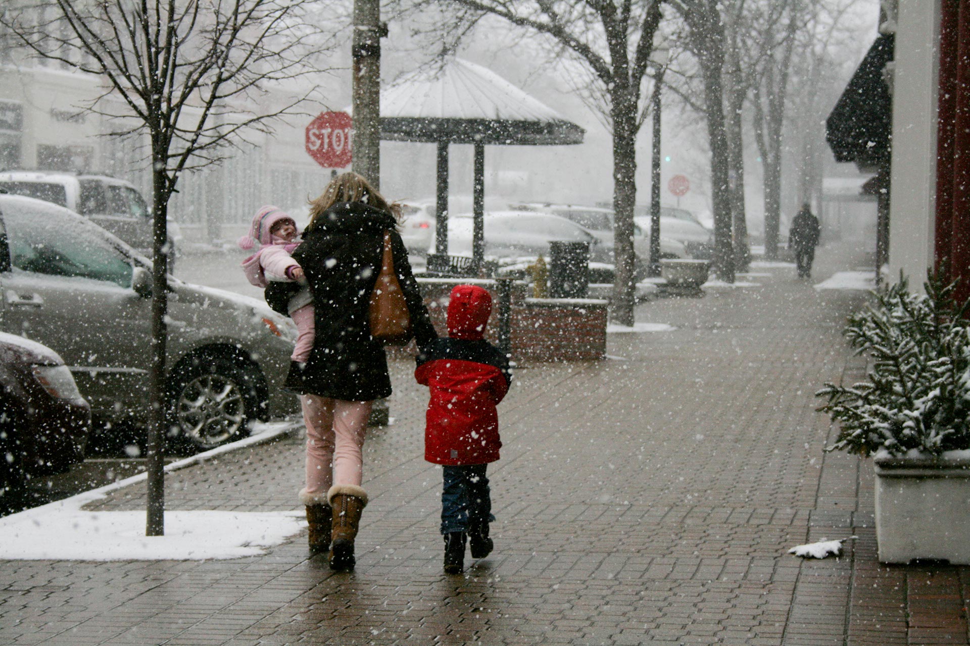 Snowmelt-mom and kids walking