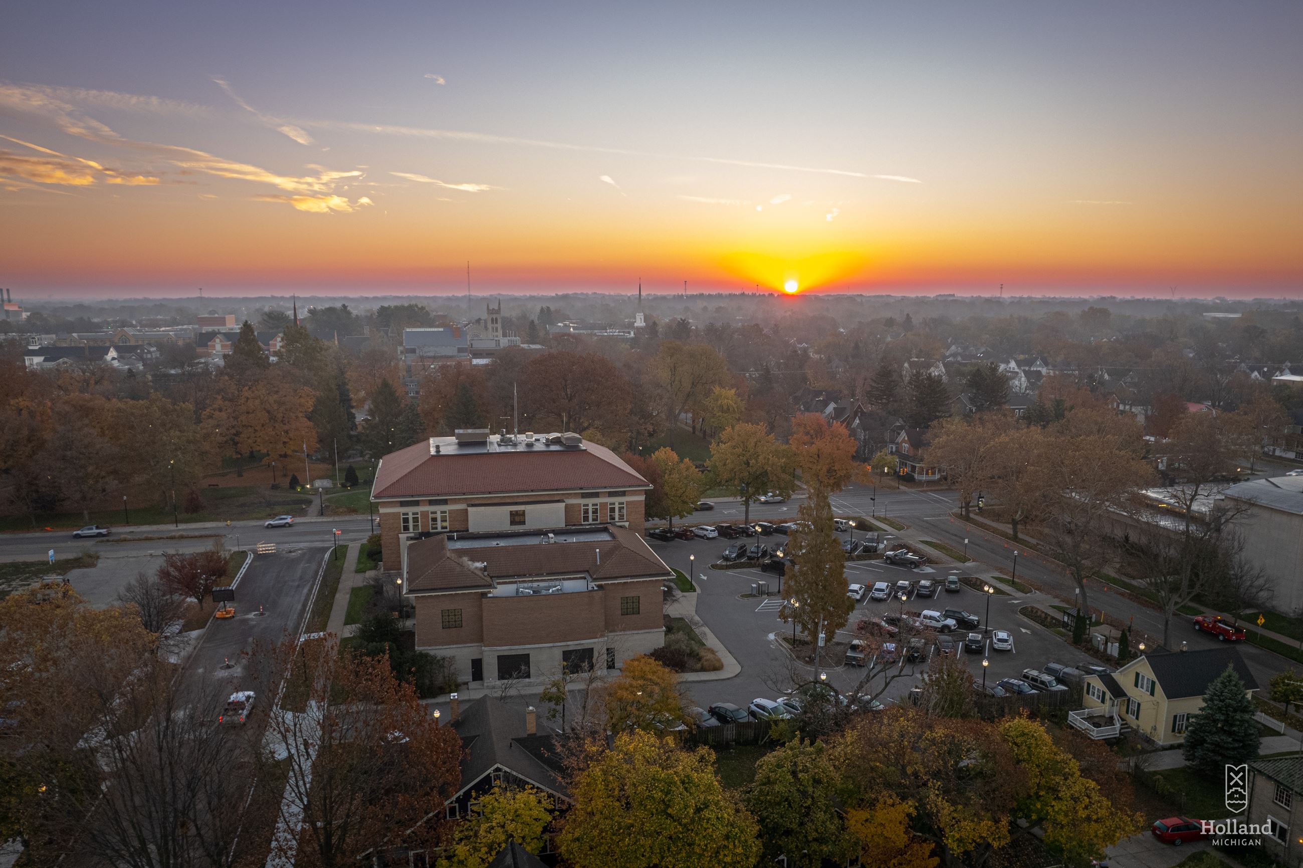 sunrise over Holland City Hall