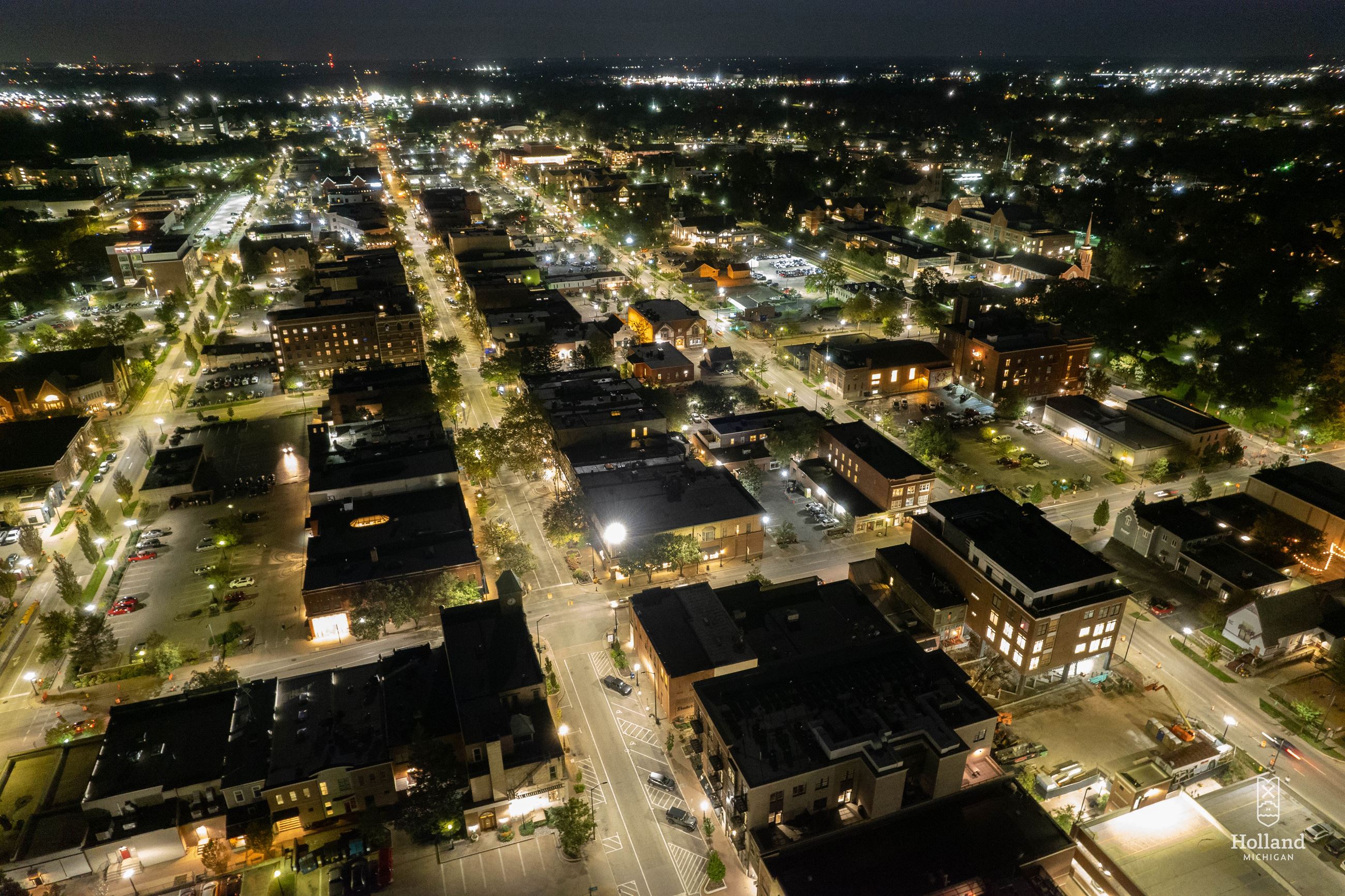 Night time drone overlooking City of Holland