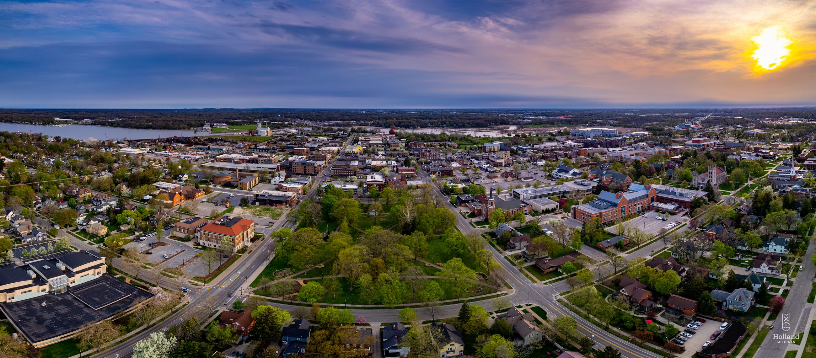 Sunrise Drone over Holland City Hall