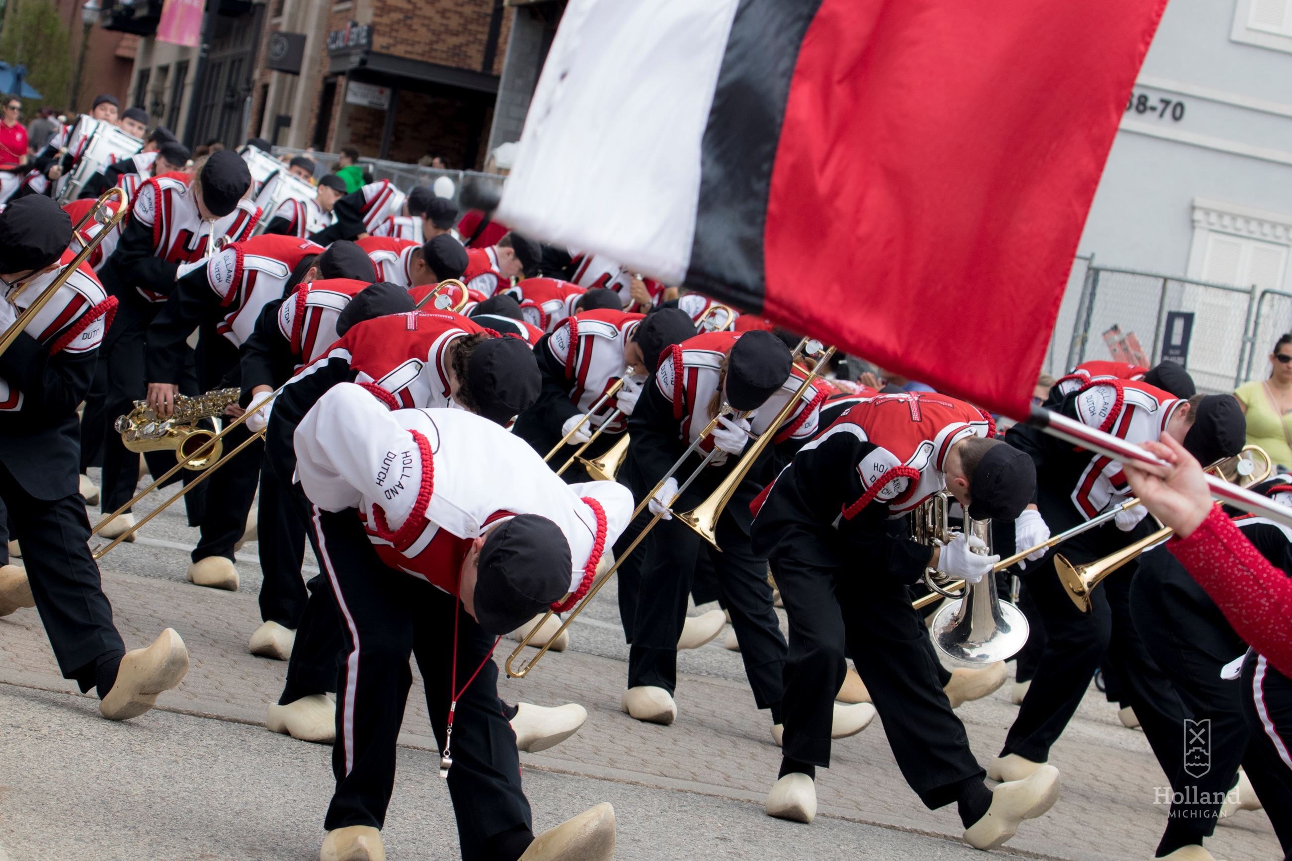 Holland High School Marching Band in wooden shoes