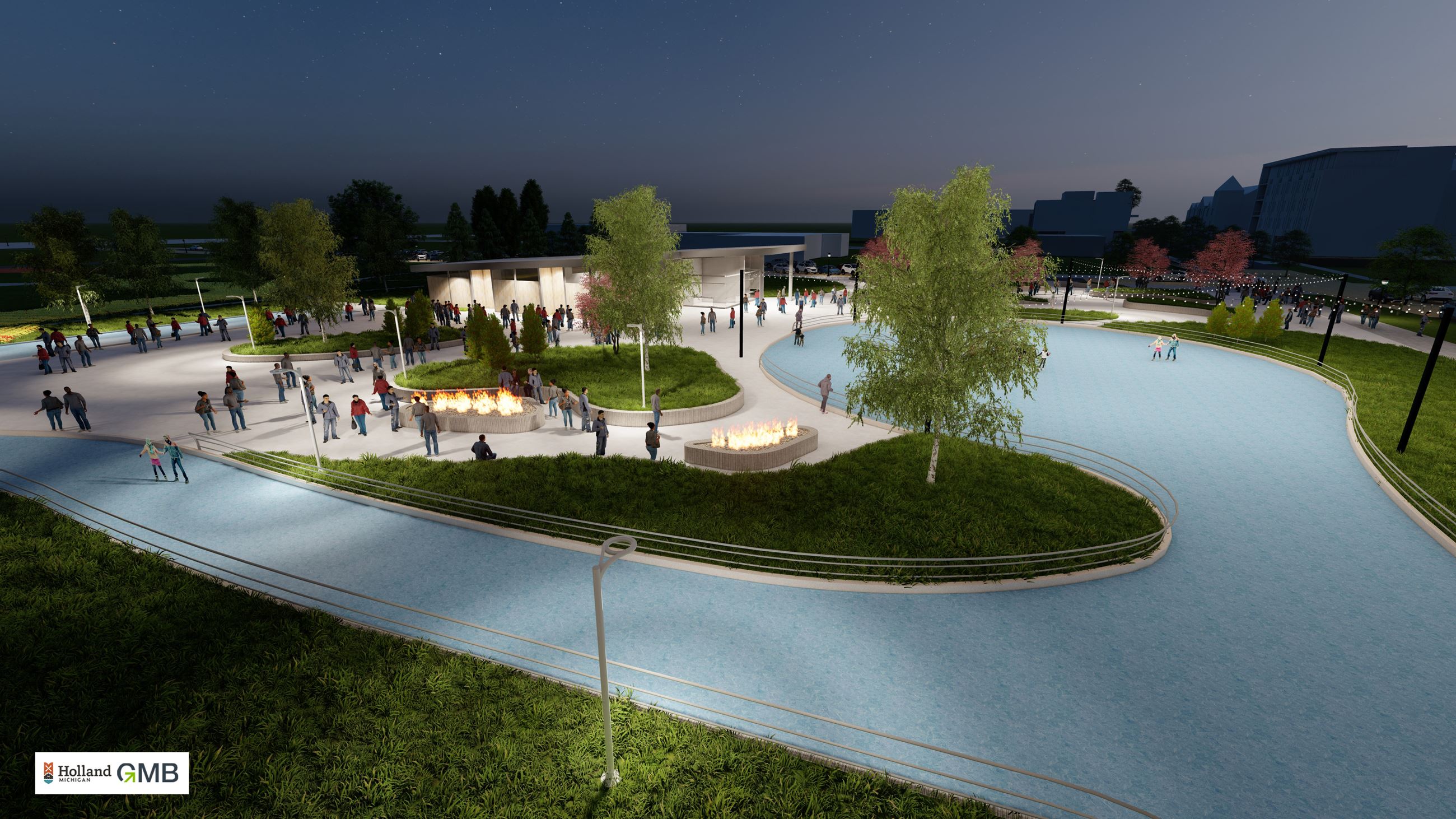 Holland Ice Skating Park - Night View of Ribbon Gathering Space (1)