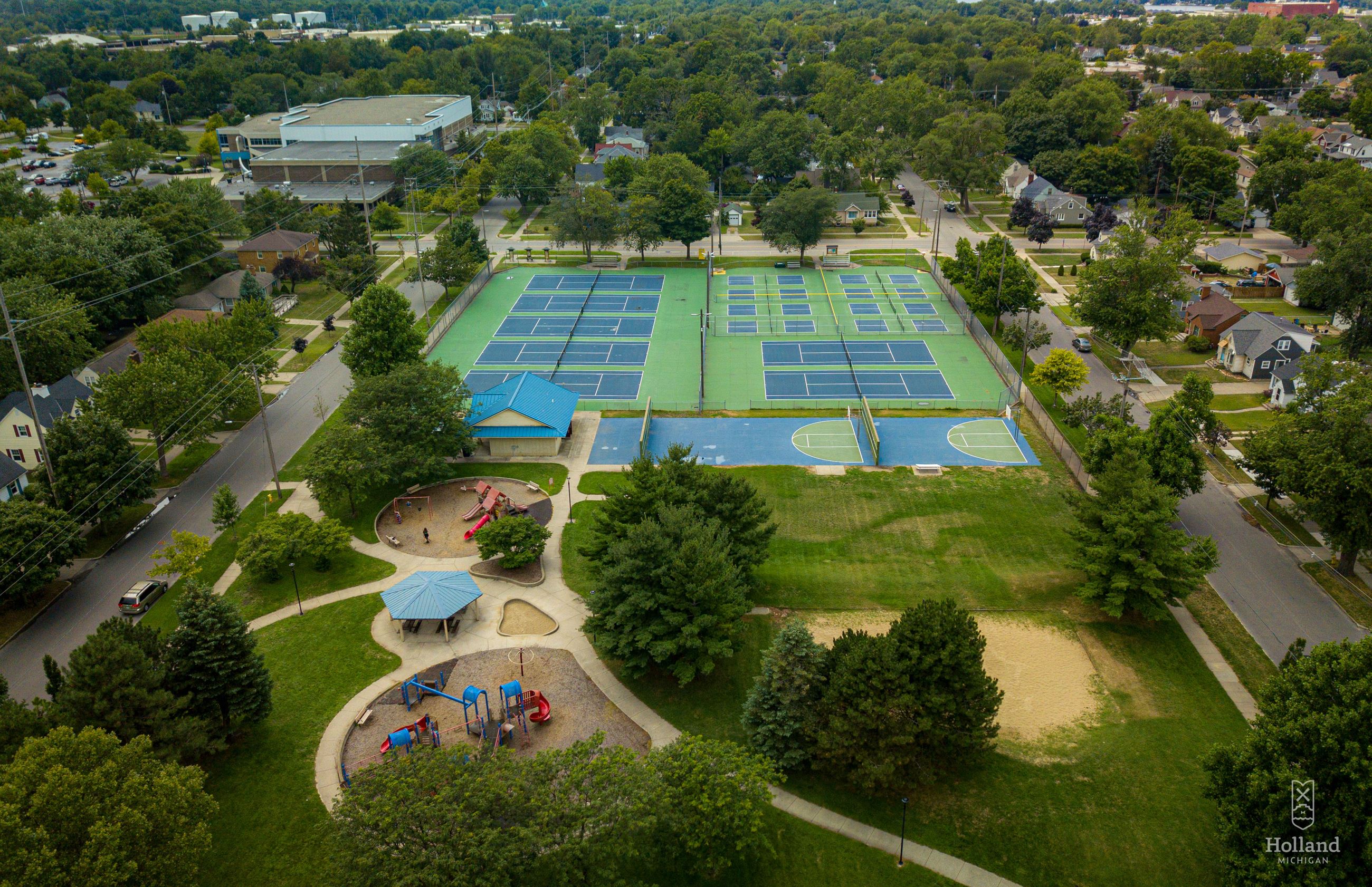 Drone view of Moran Park - playground, tennis and pickleball courts