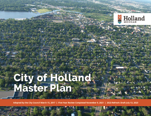 Cover of Holland Master Plan Book - Ariel view of Holland showing mostly green trees