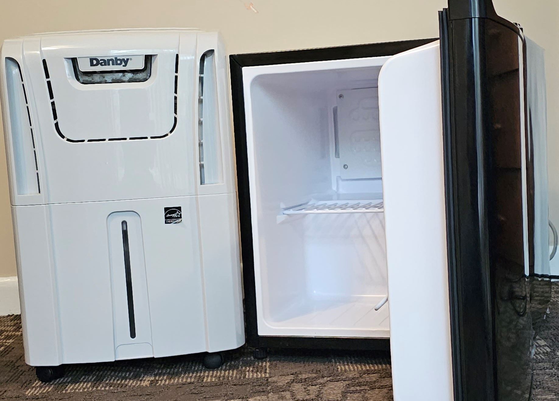 White Portable AC and Mini Fridge
