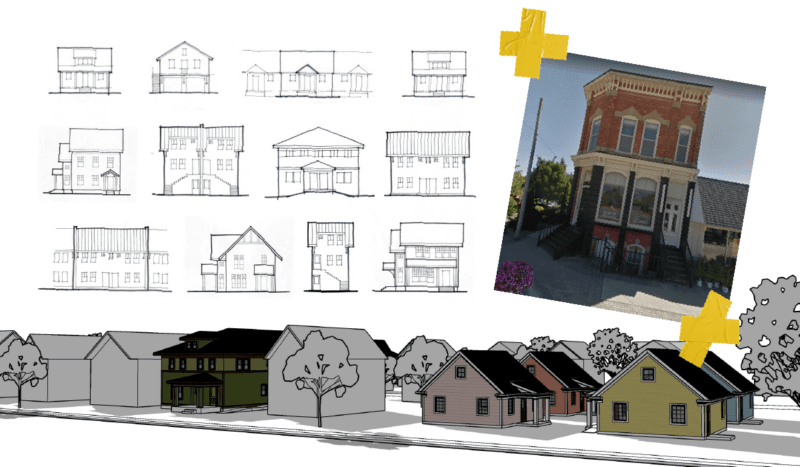 Image with house renderings, a sketch of multiple houses and a photo of 2 story brick building