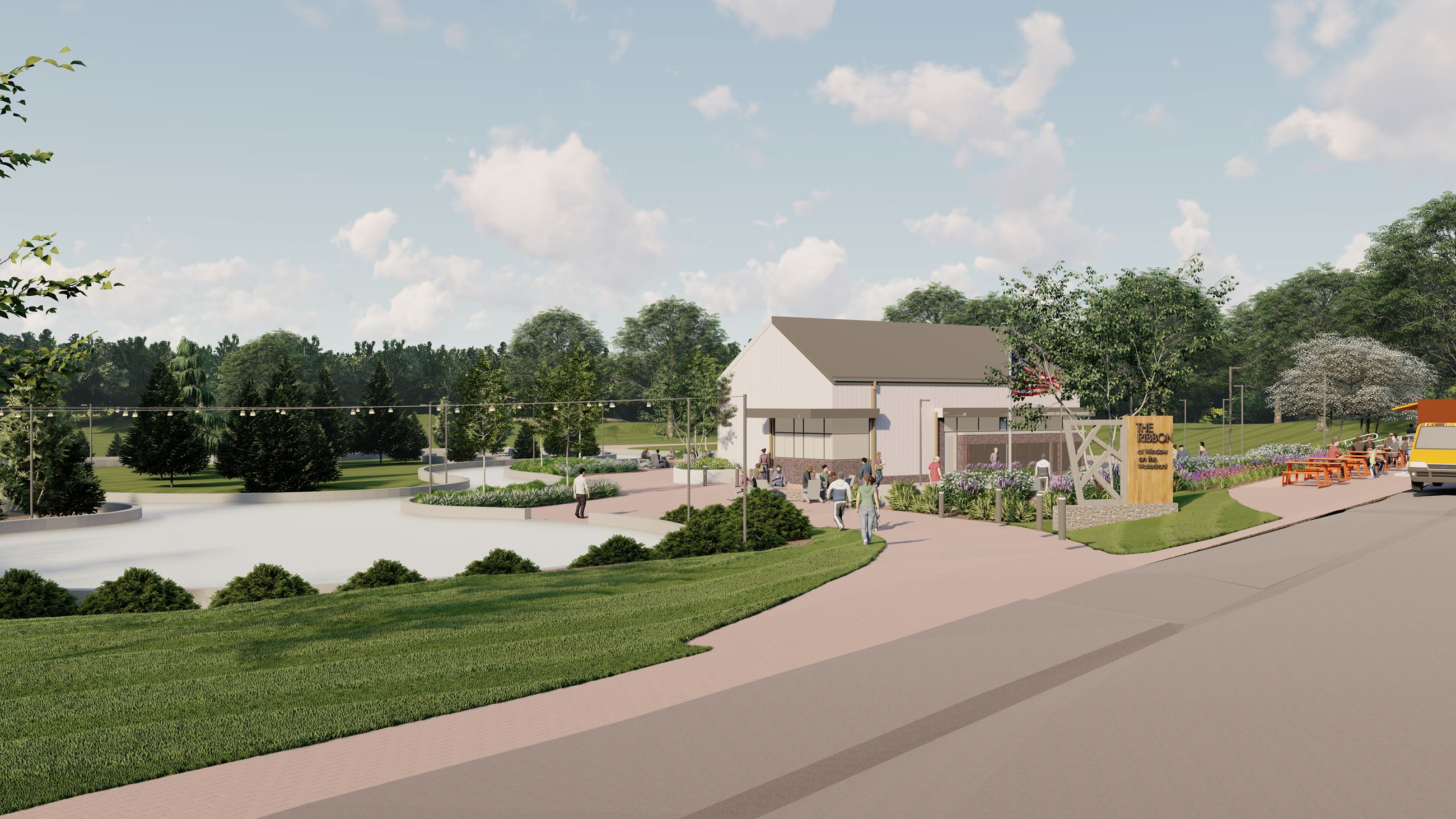 Ariel view of Holland Ice Park in summer, grass area, people walking, trees in the background