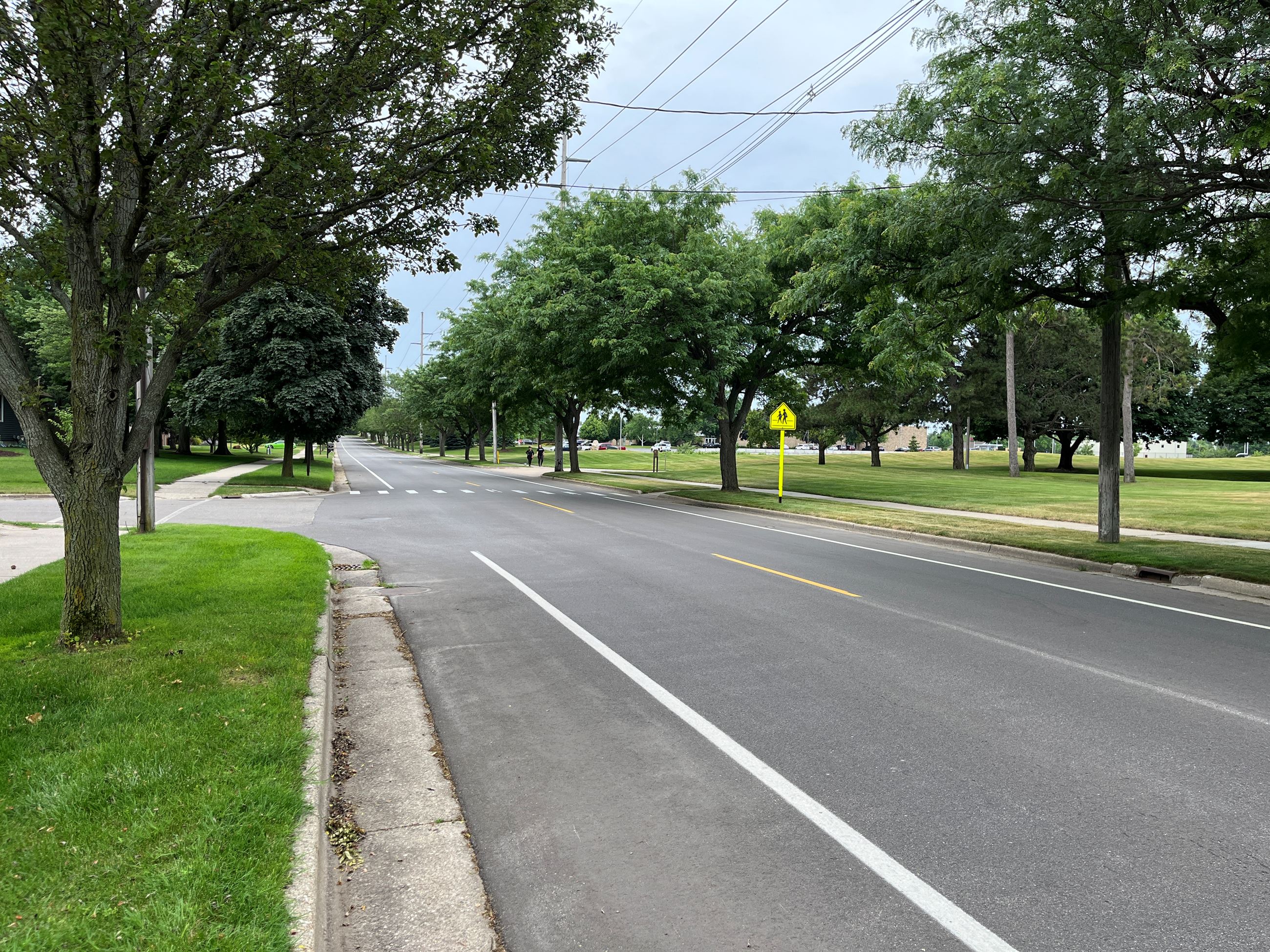 2-lane road with bikepath, lined with full foliage trees and sidewalks