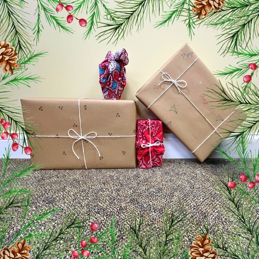 Sustainably Wrapped Gifts in leaning against a wall