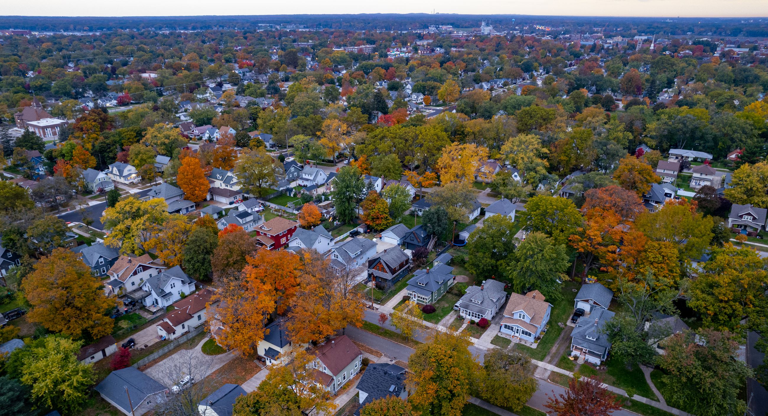 Birds-eye view of Holland neighborhood with trees in fall colors