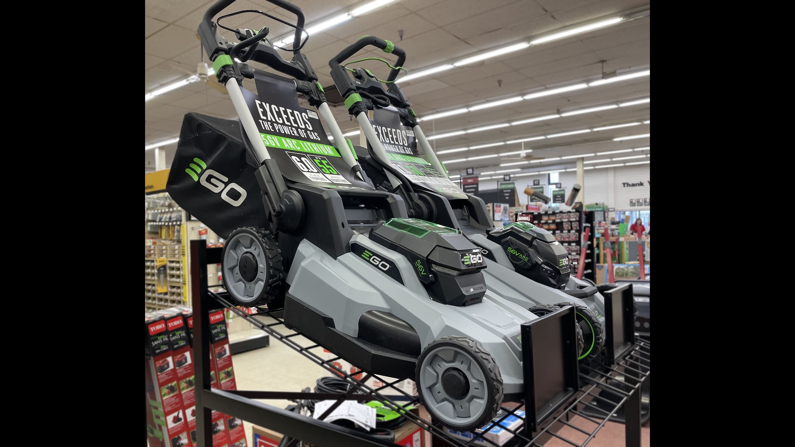 ego lawn mower on display at a retail store