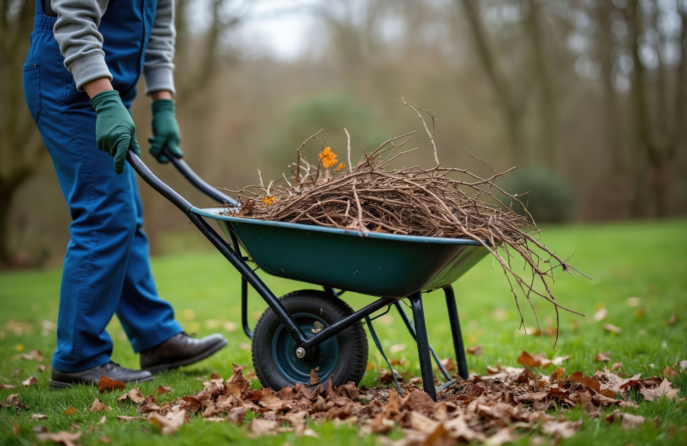 A person holding a wheel barrow filled with brush
